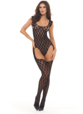 Combinaison body en résille noire avec bas intégrés - REN7116-BLK